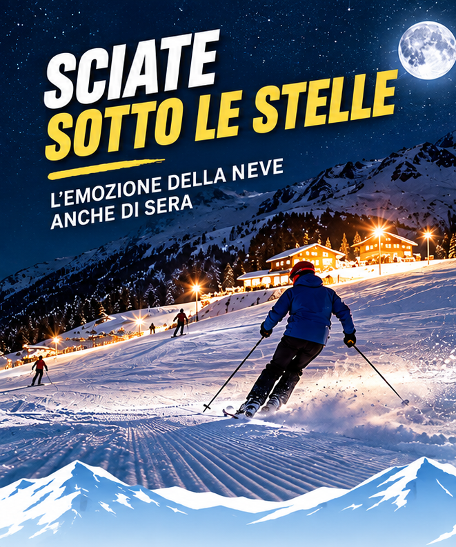 Locandina Sciate sotto le stelle, sci notturno in montagna