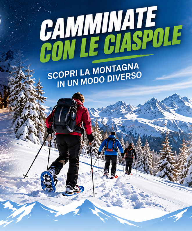 Locandina Camminate con le ciaspole in montagna innevata