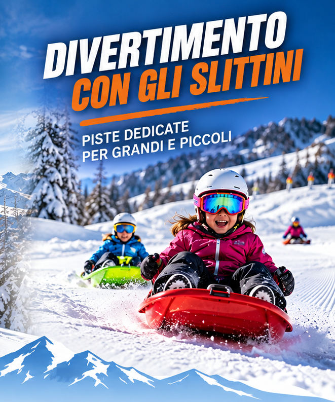 Locandina Divertimento con gli slittini, bambini sulla neve